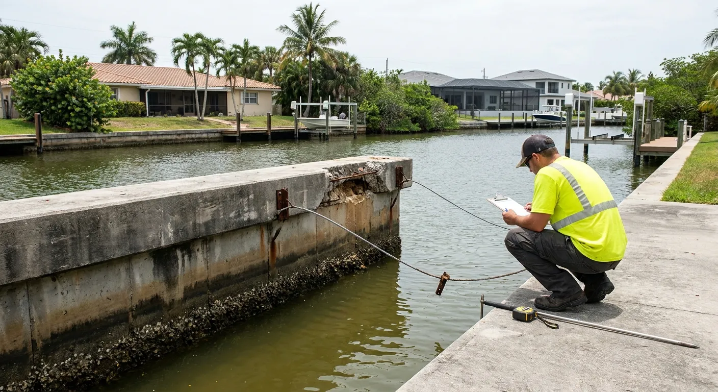 Marine contractor assessing a concrete seawall during a free inspection