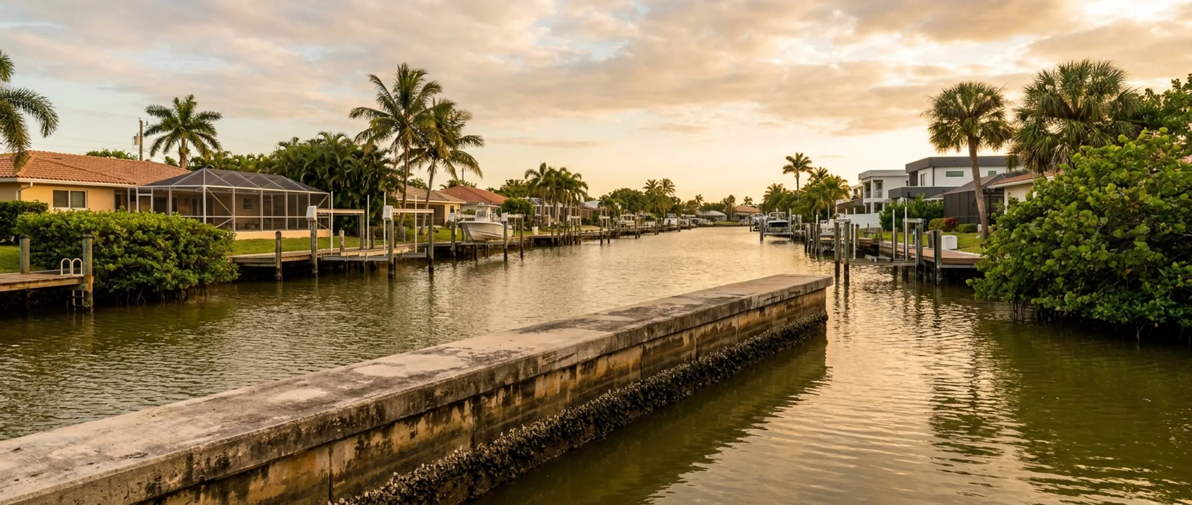 Broward County canal at golden hour with seawalls and docks receding into the distance