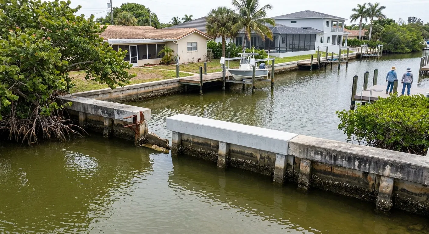 Adjacent Broward canal properties showing seawalls of different ages